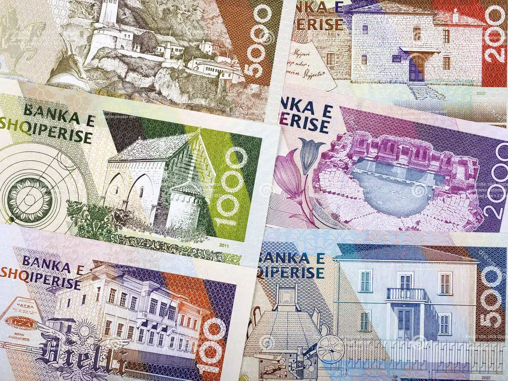 Stack of Albanian Lek banknotes
